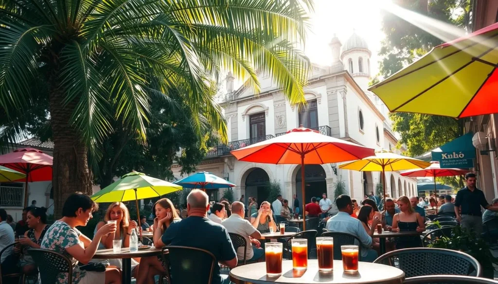 A cozy outdoor café in the heart of Veracruz, Mexico. Sunlight filters through lush palm trees, casting a warm glow over the bustling scene. At the center, a group of friends sip rich, aromatic coffee, engaged in lively conversation. Colorful umbrellas shade the tables, and the air is filled with the tantalizing scent of freshly baked pastries. In the background, a quaint colonial building stands, its ornate architecture a testament to the city's heritage. The overall atmosphere exudes the vibrant, unhurried pace of Veracruz's renowned coffee culture.
