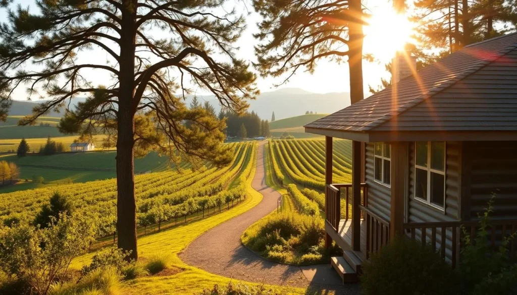 A cozy, rustic cabin nestled in the rolling hills of the Willamette Valley, with a wraparound porch overlooking a lush, verdant landscape. The warm, golden light of the afternoon sun filters through the tall, swaying trees, casting a soft glow on the weathered wood exterior. In the distance, a winding path leads towards a charming vineyard, where rows of grapevines stretch out as far as the eye can see. The scene conveys a sense of tranquility and natural beauty, inviting visitors to unwind and immerse themselves in the serene atmosphere of the Willamette Valley.