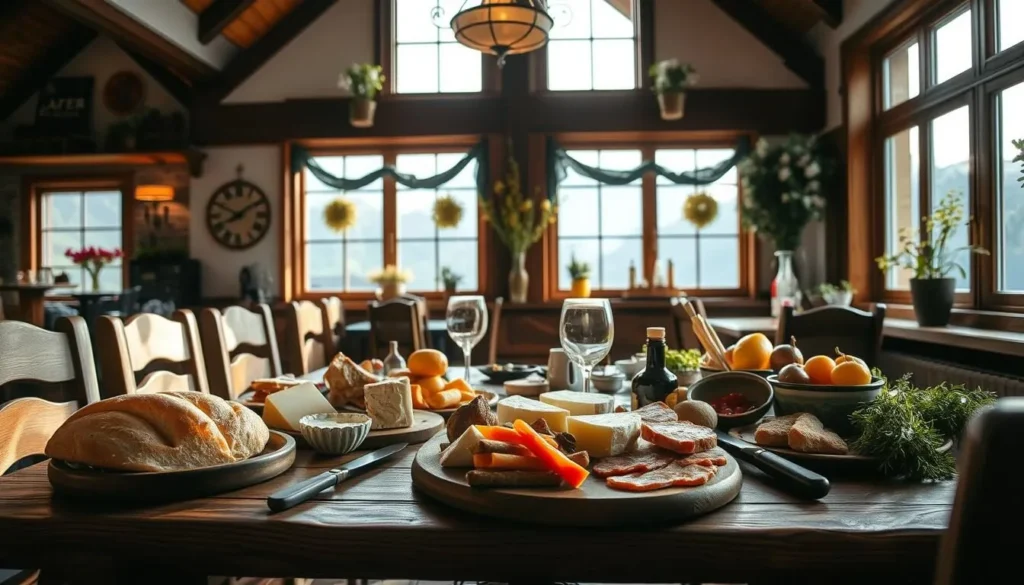 A cozy, rustic dining scene in the charming Appenzell region of eastern Switzerland. In the foreground, a traditional wooden table is set with an array of local delicacies - fresh-baked bread, fragrant cheese, cured meats, and seasonal produce. Soft natural light filters through the room's large windows, casting a warm glow over the scene. In the middle ground, the interior walls are adorned with Alpine-inspired decor, hinting at the rich cultural heritage of the area. In the background, a picturesque mountain landscape is visible through the windows, completing the quintessential Swiss ambiance. The overall mood is one of cozy comfort and authentic, rustic elegance.