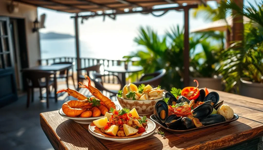 A cozy seaside restaurant, its terrace bathed in warm afternoon sunlight. On a weathered wooden table, an assortment of vibrant seafood tapas: plump grilled prawns, delicate ceviche, sizzling calamari, and creamy garlic mussels, all artfully arranged. The scene is framed by a backdrop of lush tropical foliage and a glimpse of the glistening sea beyond. The overall atmosphere is one of relaxed sophistication, inviting the viewer to savor the flavors and the tranquil setting.