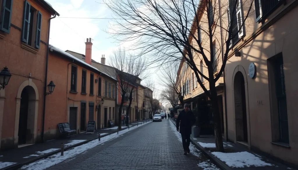 A cozy street in Avignon, France on a crisp winter day. Quaint medieval buildings line the sidewalks, their warm-toned stone facades contrasted by a dusting of snow. Bare tree branches sway gently in the cool breeze, casting long shadows across the quiet cobblestones. Soft sunlight filters through wispy clouds, bathing the scene in a serene, mellow glow. A lone pedestrian strolls down the peaceful lane, their footsteps the only sound breaking the tranquil silence. The mild Mediterranean climate lends an air of peaceful tranquility to this picturesque winter wonderland.