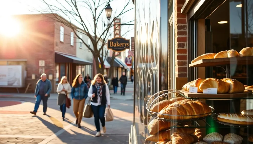 A cozy street in the heart of Beatrice, Nebraska, lined with charming local bakeries. In the foreground, a well-stocked display window showcases an array of freshly baked goods - flaky croissants, crusty artisanal breads, and decadent pastries. The middle ground features pedestrians strolling past, pausing to admire the enticing window displays. In the background, the sun casts a warm, golden glow, illuminating the brick facades and quaint storefronts. A sense of community and local pride permeates the scene, inviting visitors to step inside and indulge in the best of Beatrice's baking traditions.