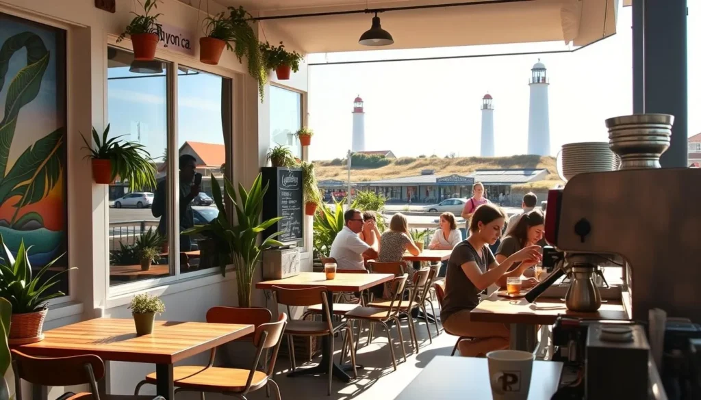 A cozy, sun-drenched café nestled in the heart of Byron Bay, Australia. The facade is adorned with potted plants and a vibrant mural, inviting passersby to step inside. Through the large windows, glimpse the bustling interior - wooden tables, mismatched chairs, and a gleaming espresso machine. In the foreground, a barista pours a rich, aromatic latte, while customers savor their beverages and light bites. The air is filled with the fragrance of freshly brewed coffee and the chatter of locals and tourists alike. A soft, natural light filters in, creating a warm, inviting atmosphere perfect for whiling away an afternoon. In the background, the iconic silhouette of the Cape Byron Lighthouse can be seen, a testament to the coastal charm of this enchanting seaside town.