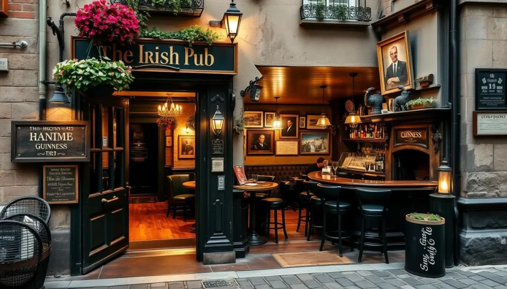 A cozy, traditional Irish pub nestled on a quaint cobblestone street in Dublin. The exterior features a charming, weathered facade with hanging flower baskets and a wooden sign swinging gently in the breeze. Through the open doorway, glimpse the warm, inviting interior – polished wooden floors, intimate seating areas, and a long, polished bar where locals and visitors alike gather to enjoy pints of Guinness and hearty Irish fare. Soft, golden lighting casts a welcoming glow, and the walls are adorned with vintage photographs, Irish memorabilia, and a roaring fireplace in the corner. The atmosphere is lively yet relaxed, capturing the essence of traditional Irish hospitality.