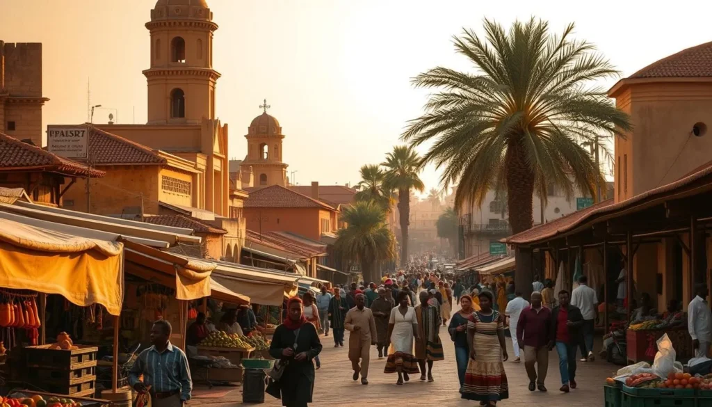 A cozy travel guide for N'Djamena, the vibrant capital of Chad. In the foreground, a local market bustles with vendors selling handcrafted goods and fresh produce. In the middle ground, historic buildings with terracotta roofs and intricate architectural details line the streets. In the background, majestic palm trees sway gently, and the warm, golden sunlight bathes the scene in a serene, inviting glow. The atmosphere is one of cultural richness, with people strolling leisurely, immersed in the rhythms of daily life. Capture the essence of N'Djamena's welcoming charm through a lens that is both sharp and softly diffused, inviting the viewer to explore this captivating destination.