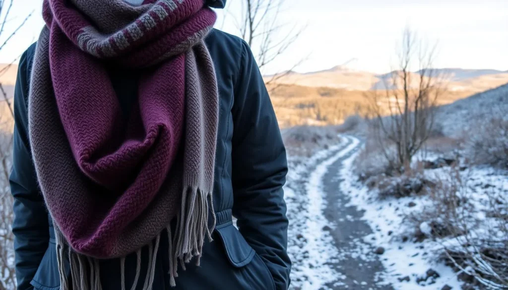 A cozy winter scene in the Willamette Valley, Oregon. In the foreground, an array of warm, weather-resistant garments - a thick wool scarf, a well-insulated parka, and sturdy, waterproof boots. The middle ground features a winding hiking trail, lined with bare-branched trees dusted in a light layer of snow. In the background, rolling hills and a distant, snow-capped mountain peak, bathed in soft, diffused natural lighting. The overall atmosphere conveys a sense of tranquility and preparedness for the chilly, yet picturesque, Pacific Northwest winter.