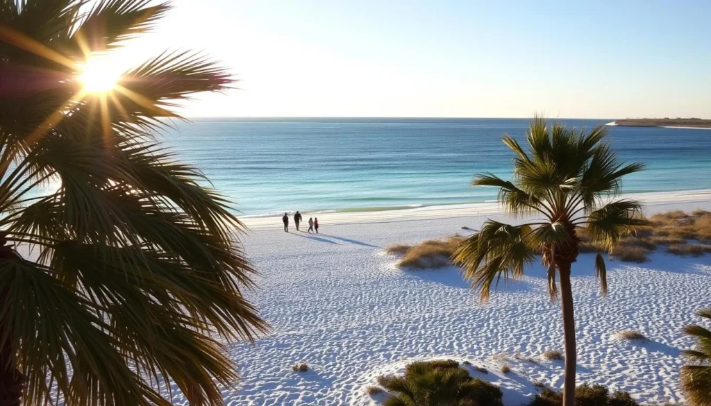 A crisp autumn morning in Destin, Florida. The sun casts a warm glow over the white sand beaches, contrasting with the cool, azure waters of the Gulf of Mexico. In the foreground, gently swaying palm trees frame the scene, their fronds rustling in the light breeze. The middle ground features beachgoers strolling along the shore, enjoying the mild weather and stunning natural surroundings. In the distance, the silhouettes of coastal dunes and lush vegetation create a serene, natural backdrop. The overall atmosphere is one of tranquility and rejuvenation, perfectly capturing the essence of fall in this idyllic Florida beach town.
