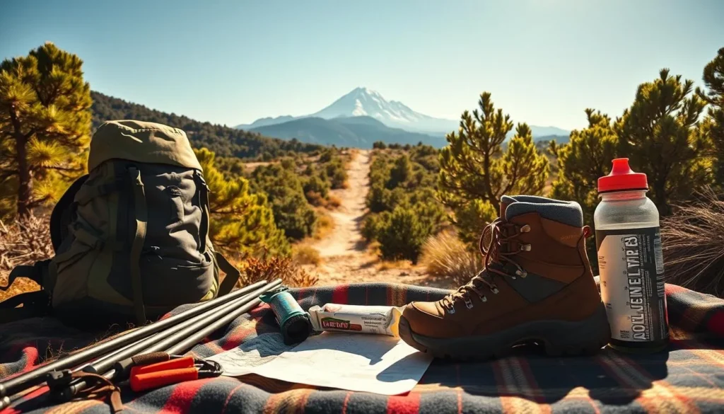 A crisp, sunny day in the California mountains. A hiker's backpack, hiking poles, and sturdy boots lie on a plaid blanket, surrounded by energy bars, a map, and a water bottle. In the middle ground, a well-worn trail winds through lush, green foliage, leading towards the majestic silhouette of Mount Baldy in the distance, its snow-capped peak piercing the clear, azure sky. Warm natural lighting casts long shadows, creating a sense of depth and atmosphere. The overall scene conveys a feeling of anticipation and preparation for an exhilarating hike through the picturesque Mount Baldy range.