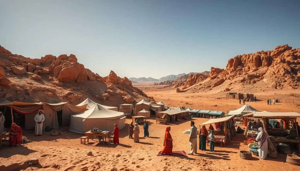 A desert camp nestled in the rocky hills, with traditional Bedouin tents and structures. In the foreground, a group of Bedouin people in colorful, flowing robes and headdresses engage in traditional crafts and activities. The middle ground features a lively scene of a Bedouin market, with stalls selling spices, textiles, and handmade goods. The background showcases the rugged, sun-drenched landscape, with distant mountains and a clear, azure sky. Warm, golden lighting bathes the entire scene, creating a sense of timelessness and cultural authenticity.