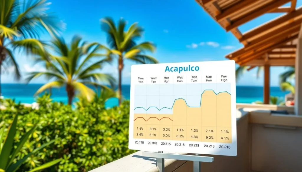 A detailed, high-resolution illustration of a climate chart for Acapulco, Mexico, captured on a bright, sunny day. The chart displays monthly temperature and precipitation data in a clean, modern style with clear visuals. The chart is situated in a pleasant outdoor setting, perhaps a tropical garden or a terrace overlooking the Pacific Ocean, with lush greenery and palm trees in the background. The lighting is natural and warm, creating a serene, inviting atmosphere that reflects the idyllic nature of Acapulco's climate.