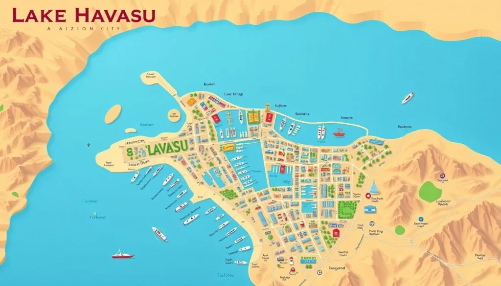 A detailed, high-resolution map of Lake Havasu City, Arizona, showcasing the main landmarks, beaches, marinas, and recreational areas along the shoreline of the scenic Lake Havasu. The map is rendered with a warm, sun-drenched color palette, capturing the vibrant and lively atmosphere of this popular tourist destination. The layout is clear and intuitive, highlighting key points of interest such as the famous London Bridge, the Havasu Beach State Park, and the numerous coves and inlets perfect for boating, swimming, and other water activities. The map is presented with a clean, minimalist design, allowing the viewer to easily navigate and plan their visit to this picturesque lakeside community.
