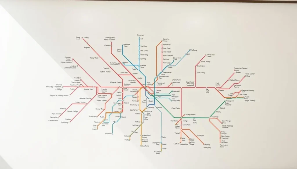 A detailed, high-resolution map of the Singapore MRT (Mass Rapid Transit) system, showcasing the network of train lines and stations against a clean, minimalist backdrop. The map should be presented in an intuitive, easy-to-navigate layout, with clear color-coding and labeling of the different train lines. Depict the map in a sunny, well-lit environment, with a subtle, slightly muted color palette that complements the sleek, modern design of the MRT system. Capture the map from a slightly elevated, angled perspective to provide a clear, comprehensive overview of the entire network. The image should convey a sense of efficiency, connectivity, and the ease of navigating Singapore's renowned public transportation system.
