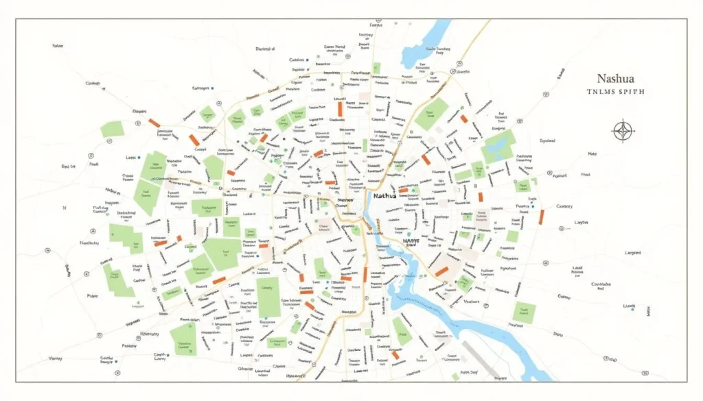 A detailed, high-resolution map of the city of Nashua, New Hampshire, showcasing its key landmarks, neighborhoods, and transportation infrastructure. The map should have a clean, modern aesthetic with a light, airy color palette that evokes a pleasant, sunny day. Depict the city's streets, parks, and major buildings with precise detail, creating a comprehensive visual guide for visitors. The map should be framed with a minimalist, elegant border, allowing the viewer to easily navigate and comprehend the layout of the city. Avoid any clutter or distractions, keeping the focus on the practical information conveyed through the map.
