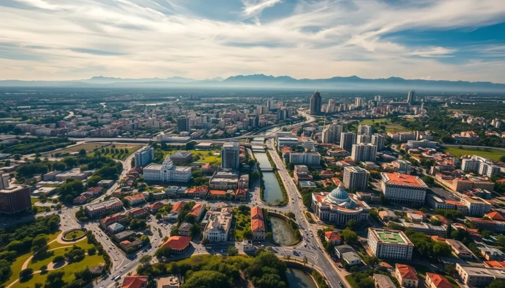 A detailed map of Villahermosa, the vibrant capital city of Tabasco, Mexico. Showcased in a wide aerial perspective, the cityscape is bathed in warm, golden sunlight filtering through wispy clouds. Meandering streets and avenues wind through the urban landscape, dotted with distinct architectural styles ranging from colonial heritage to modern high-rises. The city's centerpiece, the Grijalva River, flows serenely, flanked by lush, verdant riverbanks and parks. In the distance, the silhouettes of the surrounding Sierra Madre Oriental mountains provide a picturesque backdrop. Capture the essence of Villahermosa's inviting atmosphere, perfect for planning an unforgettable journey to this captivating Mexican destination.