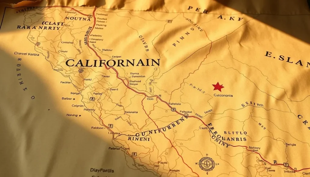 A detailed offline GPS map of the coastal mountain ranges in California, displayed on a weathered paper map. The map shows the winding roads, hiking trails, and natural landmarks of the region in a vintage, hand-drawn style. The map is illuminated by warm, natural light, casting soft shadows across the surface. The edges are slightly tattered, giving the impression of a well-traveled, trusty navigation guide. The overall mood is one of adventure, exploration, and a connection to the natural world.