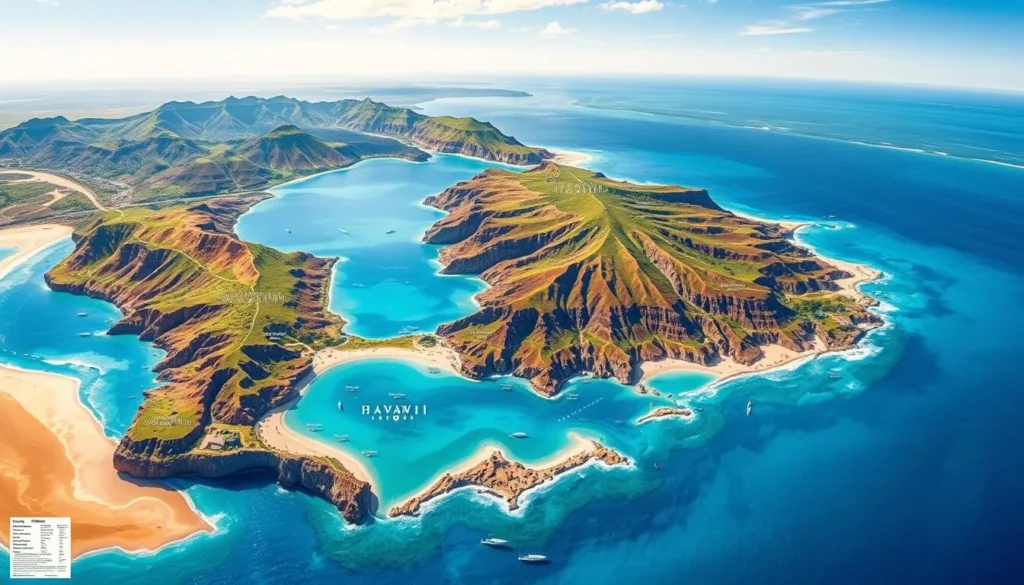 A detailed topographical map of the Big Island of Hawaii, showcasing its stunning beaches and coastlines. The map is rendered in a realistic, cartographic style, with vibrant colors and meticulous detailing. The foreground depicts the varying beach terrains, from sandy stretches to rocky coves, with clear annotations highlighting the best swimming, snorkeling, and surfing spots. The middle ground features the island's volcanic landscapes, with lush green hills, deep ravines, and dramatic cliffs surrounding the beaches. The background incorporates the turquoise waters of the Pacific Ocean, with a soft, hazy horizon under a clear, sun-dappled sky. The overall composition conveys the natural beauty and diverse beach experiences that the Big Island of Hawaii has to offer.