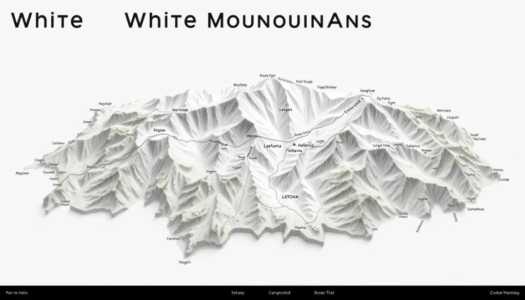 A detailed topographical map of the White Mountains region in California, showcasing the rugged terrain and scenic vistas. The map should have a clean, minimalist design with clear labeling of mountain peaks, valleys, and hiking trails. Rendered in a muted color palette of grays, greens, and browns to evoke the natural landscape. Lighting should be soft and diffused, creating a calm, inviting atmosphere. The perspective should be a birds-eye view, allowing the viewer to easily navigate the region and plan their outdoor adventure. The map should convey a sense of exploration and discovery, inspiring the reader to venture into the majestic White Mountains.