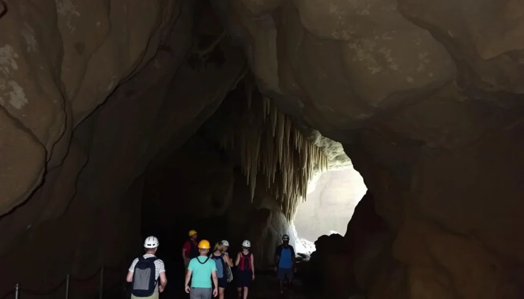 A dimly lit, cavernous interior of the Kaumana Caves on the Big Island of Hawaii. The scene showcases the natural beauty and geological formations within the cave, with smooth, weathered rock walls and high ceilings. Soft, diffused lighting illuminates the cave, creating a serene and contemplative atmosphere. In the foreground, a group of visitors carefully navigate the uneven terrain, wearing appropriate safety gear like helmets and sturdy footwear. The middle ground features detailed stalactites and stalagmites, highlighting the cave's intricate and fragile ecosystem. The background fades into a hazy, distant depth, suggesting the expansiveness of the underground network. An overall sense of wonder and respect for the natural wonder is conveyed through the composition.
