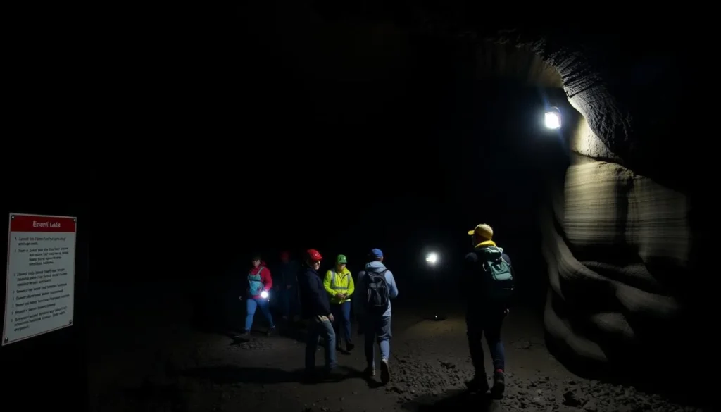 A dimly lit lava tube interior, illuminated by the warm glow of emergency lanterns. Smooth, undulating basalt walls stretch into the distance, casting deep shadows. Visitors carefully navigate the uneven terrain, wearing sturdy shoes and protective gear. A placard on the wall outlines essential safety guidelines - keep to the marked paths, avoid touching the walls, and be mindful of low ceilings. The atmosphere is one of exploration and adventure, tempered by a sense of caution and respect for the natural wonder of this geological marvel.