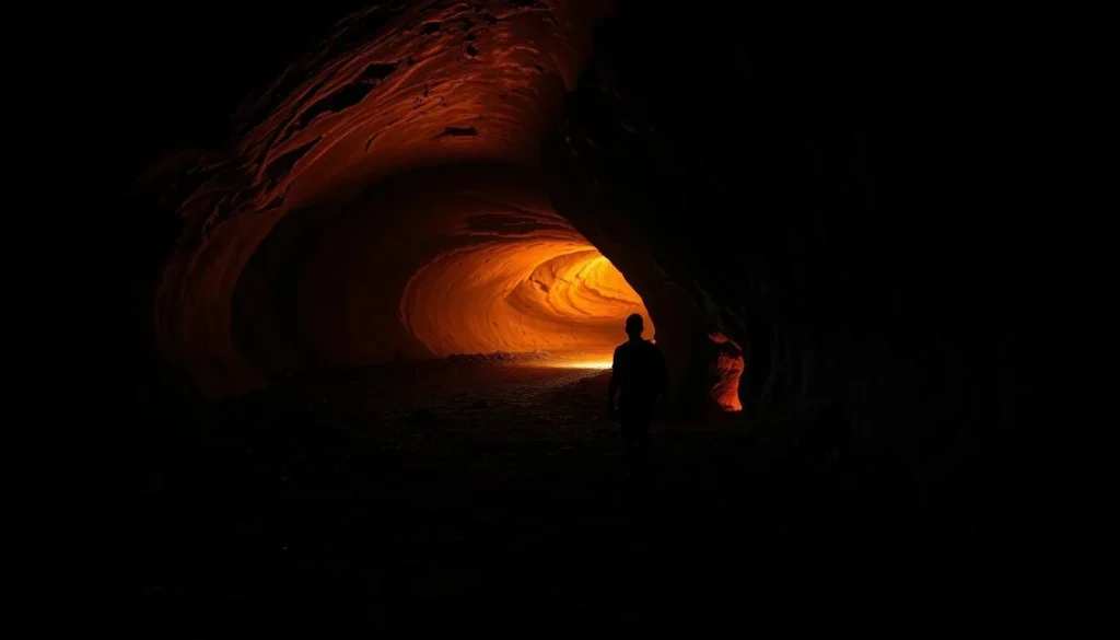 A dimly lit lava tube winding through the volcanic landscape of Hawaii's Big Island. Smooth, basalt walls glow with an ember-like radiance, illuminated by natural light filtering in from the tube's entrance. Shadows dance across the uneven floor, hinting at the tube's depth and hidden crevices. In the foreground, a lone explorer navigates the passage, their silhouette casting long, dramatic shadows. The air is thick with the primal scent of earth and a palpable sense of adventure. Capture the grandeur and mystery of this geological wonder with a wide-angle lens, emphasizing the tube's scale and the explorer's sense of discovery.
