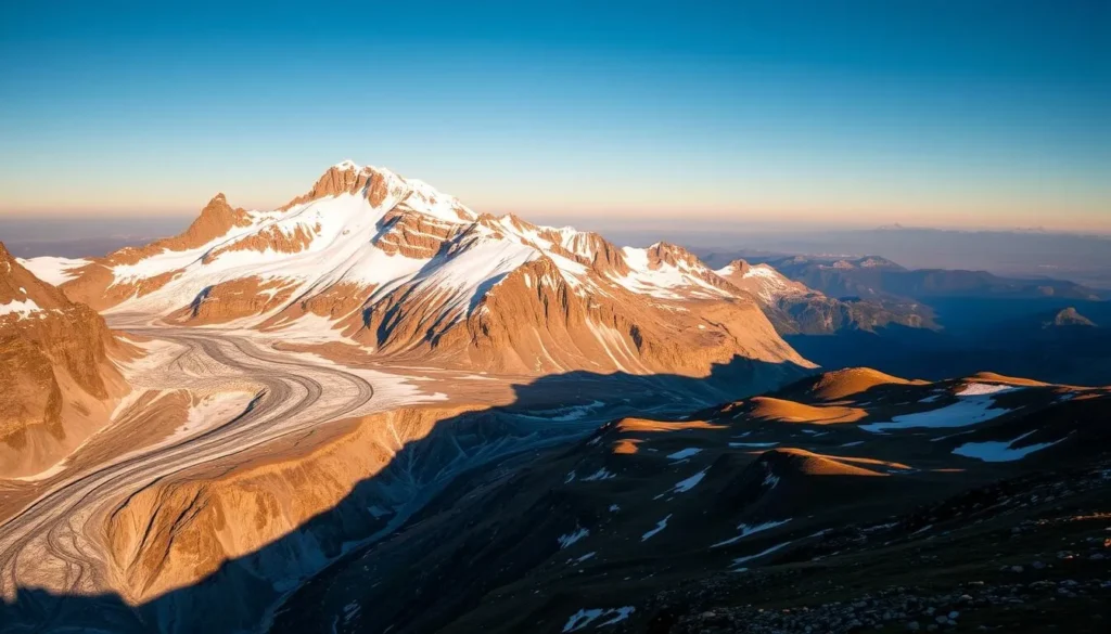 A dramatic alpine landscape bathed in warm, golden sunlight. The iconic Lyskamm ridge, a rugged chain of snow-capped peaks straddling the Switzerland-Italy border, dominates the frame. In the foreground, a stunning glacier winds its way through the rocky terrain, its icy blue surface glistening. The middle ground features a patchwork of snow fields, scree slopes, and alpine meadows, all leading the eye towards the towering massif. The background is filled with distant, hazy mountains, creating a sense of depth and scale. The scene conveys a profound sense of majesty and grandeur, showcasing the natural wonder of this geographic marvel.