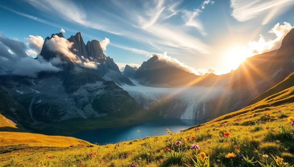 A dramatic mountainous landscape in Parc Ela, Switzerland, on a picturesque day. The scene features craggy peaks piercing through wispy clouds, bathed in warm, golden sunlight that filters through the atmosphere. In the foreground, a pristine alpine meadow is dotted with vibrant wildflowers swaying gently in a soft breeze. In the middle ground, a sparkling glacial lake reflects the surrounding towering peaks. The overall mood is one of tranquility and awe-inspiring natural beauty, capturing the essence of the best time to visit this stunning Swiss national park.