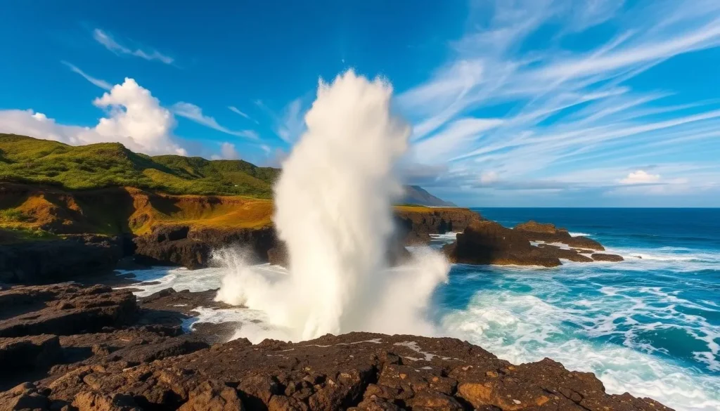 A dramatic ocean vista at Nakalele Blowhole on the rugged northern coast of Maui, Hawaii during high tide. Powerful waves crash against the rocky shoreline, creating a majestic geyser-like display as the water is forced through the blowhole's natural opening. Brilliant blue skies and wispy clouds frame the scene, with lush green vegetation lining the cliffs in the background. The sun casts warm, golden light over the dynamic seascape, illuminating the dramatic spray and mist rising from the blowhole. A stunning, awe-inspiring natural phenomenon captured in a breathtaking coastal landscape.