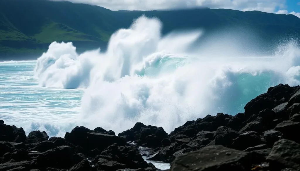 A dramatic scene of towering shore breaks crashing against the rocky coastline of Mākena State Park, Maui. The turquoise waves surge and collapse with thunderous force, spraying mist high into the air. Sunlight glitters on the water's surface, illuminating the powerful motion. In the background, lush green hills rise up, creating a stunning natural backdrop. The atmosphere is one of raw, untamed beauty and the inherent danger of the ocean's might. Capture this scene with a wide-angle lens to convey the scale and grandeur of the setting, a prime example of the hazardous conditions visitors must be cautious of at this iconic Hawaiian destination.