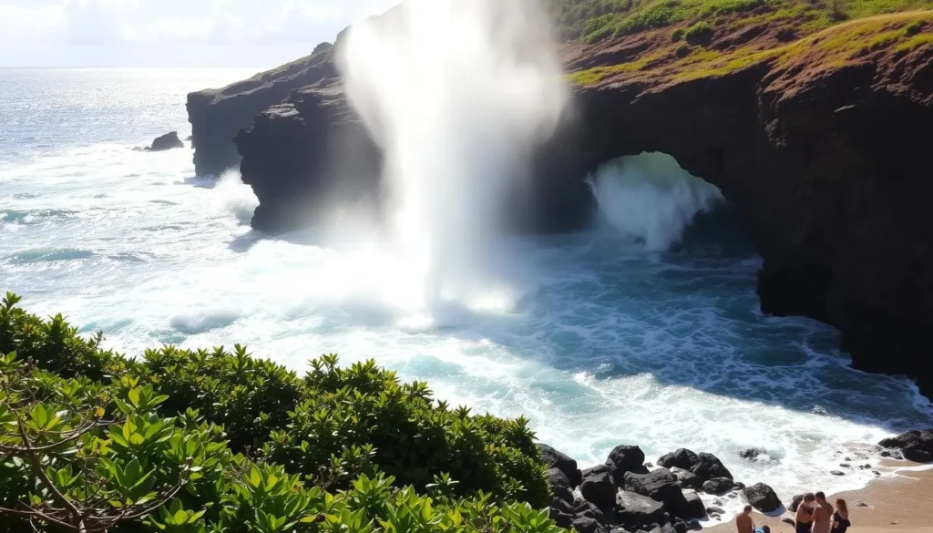 A dramatic seascape at Halona Blowhole, Oahu, Hawaii. The powerful ocean surges through a natural rock formation, creating an impressive plume of water and mist that erupts skyward. Sunlight filters through the mist, casting a soft, ethereal glow over the rugged cliffside in the foreground. Lush, verdant foliage frames the scene, contrasting with the deep blue of the Pacific. Beachgoers observe in awe from a safe distance, captivated by nature's spectacular natural display. Capture the scale, power, and beauty of this unique geological wonder on a clear, bright day.