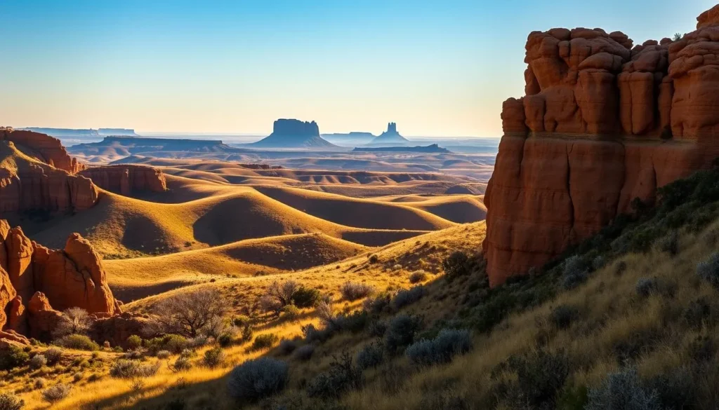 A dramatic, sun-dappled vista of the iconic badlands of Theodore Roosevelt National Park, North Dakota. In the foreground, rugged, sculpted rock formations in shades of ochre and sienna rise up, casting long shadows on the undulating terrain below. The middle ground features lush, rolling hills dotted with hardy shrubs and grasses, hues of green and gold reflecting the warm light. Distant mesas and buttes pierce the hazy blue sky, their weathered profiles etched against the horizon. A sense of tranquility and timeless wilderness pervades the scene, inviting the viewer to explore this remarkable landscape.