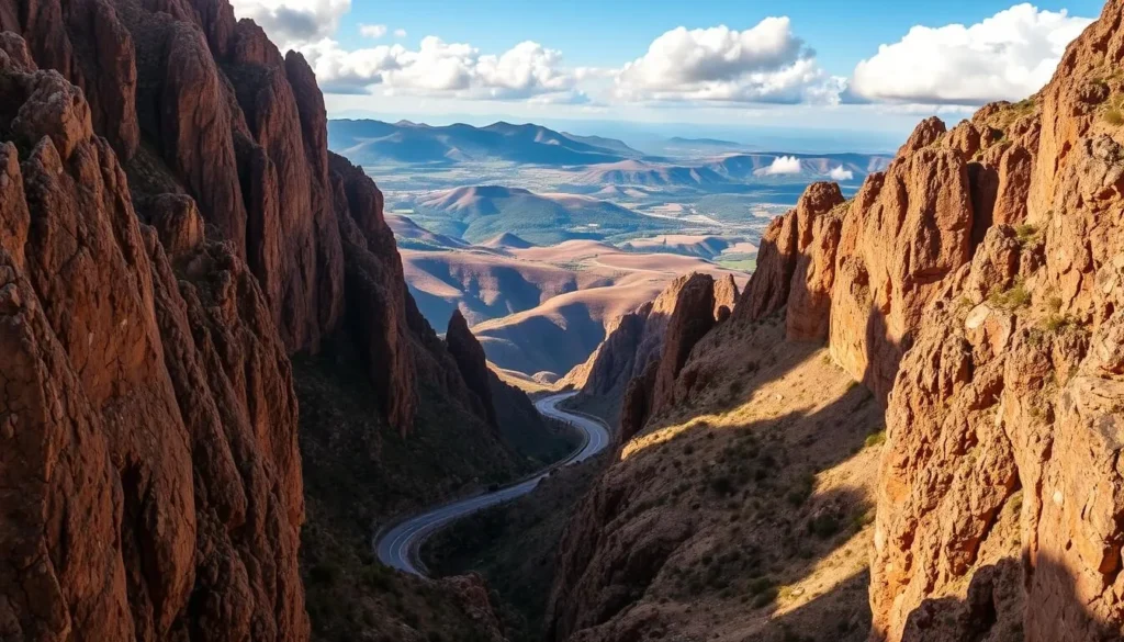 A dramatic, winding mountain road winds through the Serra da Leba Pass, with towering rocky cliffs rising on either side. The sun casts warm, golden light over the scene, illuminating the rugged, awe-inspiring landscape. In the distance, rolling hills and valleys stretch out, creating a sense of scale and depth. The road itself is a marvel of engineering, carved into the mountainside with precision and skill. Fluffy white clouds drift overhead, adding to the serene, picturesque atmosphere. This captivating vista showcases the breathtaking natural beauty and impressive infrastructure of Angola's Serra da Leba region.