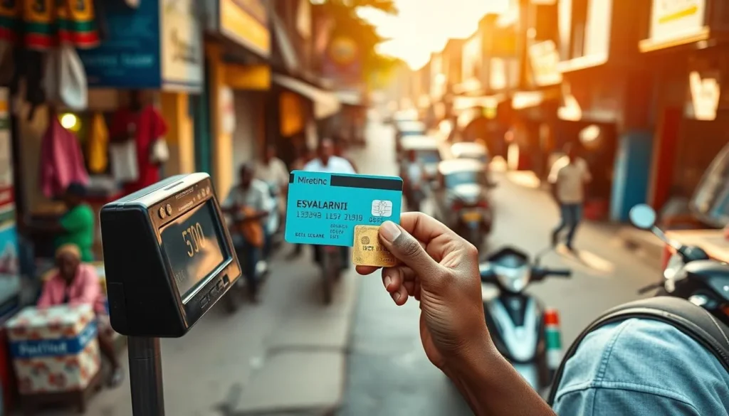 A dynamic currency conversion scene with a person standing in the foreground, holding a payment card and looking at a digital display that shows the conversion rate between Eswatini Lilangeni and a foreign currency. In the background, a bustling street with local shops, people, and vehicles, all bathed in warm, natural lighting. The scene conveys the vibrant atmosphere of financial transactions and the ease of using payment methods while traveling in Eswatini.