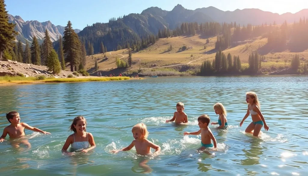 A family enjoying various activities at the picturesque Huntington Lake in Dinkey Creek, California. In the foreground, a group of children play in the crystal-clear waters, their laughter echoing across the serene lake. In the middle ground, a couple picnics on the lush, grassy shores, surrounded by towering pines and a backdrop of rugged mountains. In the distance, hikers explore the winding trails, taking in the breathtaking vistas. The scene is bathed in warm, golden sunlight, creating a tranquil and inviting atmosphere perfect for a day of outdoor adventure and quality time with loved ones.