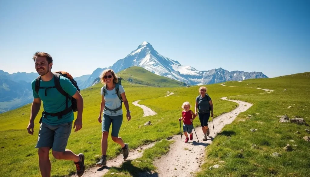 A family of four hikers enjoying a scenic mountain trail at Weisshorn, Switzerland on a bright, sunny day. In the foreground, a father, mother, and two children are walking together, their hiking gear and backpacks visible. The middle ground features a winding dirt path leading up through lush, green alpine meadows. In the background, the majestic Weisshorn peak rises majestically, its snow-capped summit glittering in the natural lighting. The scene conveys a sense of adventure, exploration, and quality time spent together in a breathtaking natural setting.