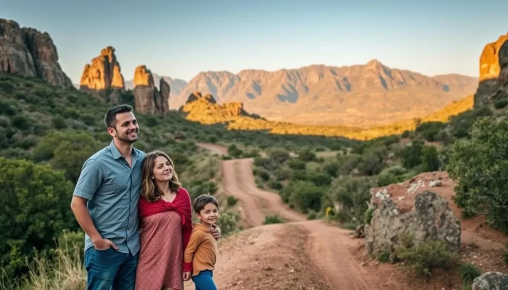 A family of four - parents and two young children - exploring the lush, rolling hills and rugged terrain of the West Rand region of South Africa. In the foreground, the family stands together, smiling and gazing out at the breathtaking landscape. The middle ground features a winding dirt road leading deeper into the countryside, flanked by tall, weathered rock formations and verdant vegetation. In the distance, a range of majestic mountains rises up, bathed in the warm, golden light of the afternoon sun. The overall scene conveys a sense of adventure, exploration, and the joy of experiencing the natural beauty of this captivating region.