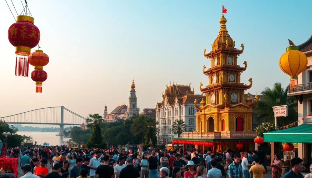 A festive scene in Da Nang, Vietnam during the holiday season. In the foreground, colorful lanterns and decorations adorn the streets, creating a vibrant atmosphere. People mill about, enjoying the lively celebrations with traditional music and dance performances. In the middle ground, grand temples and historic architecture provide a stunning backdrop, their intricate details illuminated by warm, golden lighting. In the distance, the iconic Dragon Bridge crosses the serene Thu Bon River, its undulating steel form reflected in the calm waters. The sky is a soft, hazy blue, adding to the tranquil yet celebratory mood. This scene captures the essence of Da Nang's rich cultural heritage and the joyous festivities that take place throughout the year.