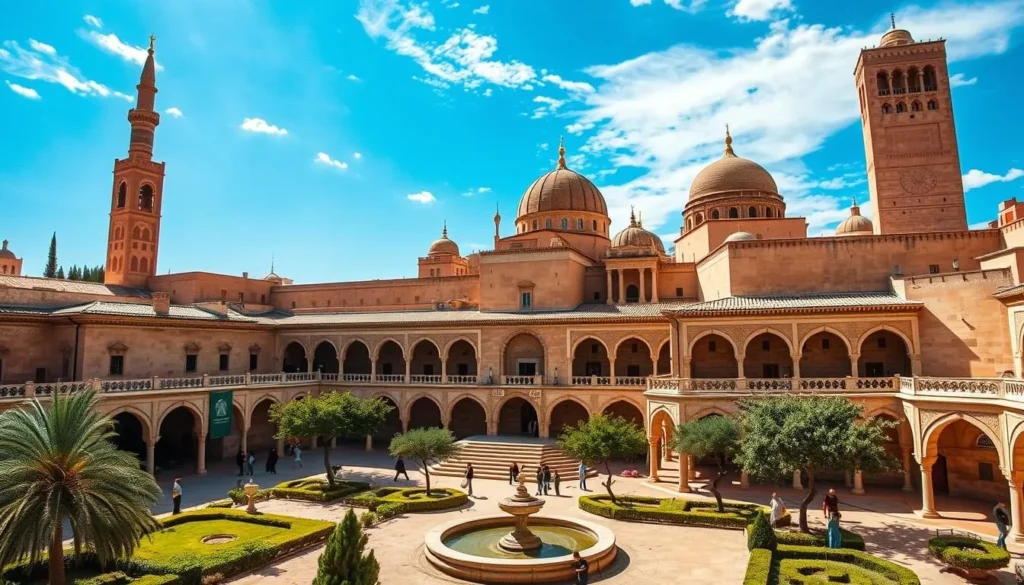 A grand and ancient Islamic university and mosque, Al-Qarawiyyin, nestled in the historic medina of Fes, Morocco. Capture the majestic domes, towering minarets, and intricate architectural details under a bright, sun-dappled sky. Showcase the serene courtyard, filled with lush greenery and trickling fountains, inviting visitors to explore this cultural and educational gem. Employ a wide-angle lens to showcase the imposing scale of the complex, while maintaining a sense of intimate scale through the inclusion of people strolling the grounds. Convey the timeless, reverent atmosphere of this centuries-old institution, a testament to the rich history and vibrant present of Fes.