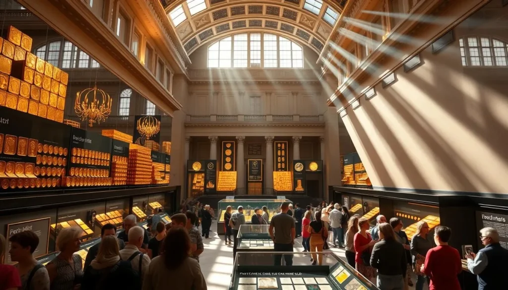 A grand and gleaming exhibition hall, the Perth Mint showcases a stunning collection of pure gold bars and coins. Sunlight streams through vast windows, casting a warm glow over the meticulously curated displays. In the foreground, a group of visitors gathers, their faces awestruck as they admire the dazzling precious metals. The middle ground features informative plaques and interactive exhibits, inviting guests to learn about the history and craftsmanship behind the Mint's celebrated wares. The background depicts the stately architecture of the building, its neoclassical facade lending an air of timeless elegance to the scene. The overall atmosphere is one of reverence and wonder, perfectly capturing the essence of this premier destination for history buffs.