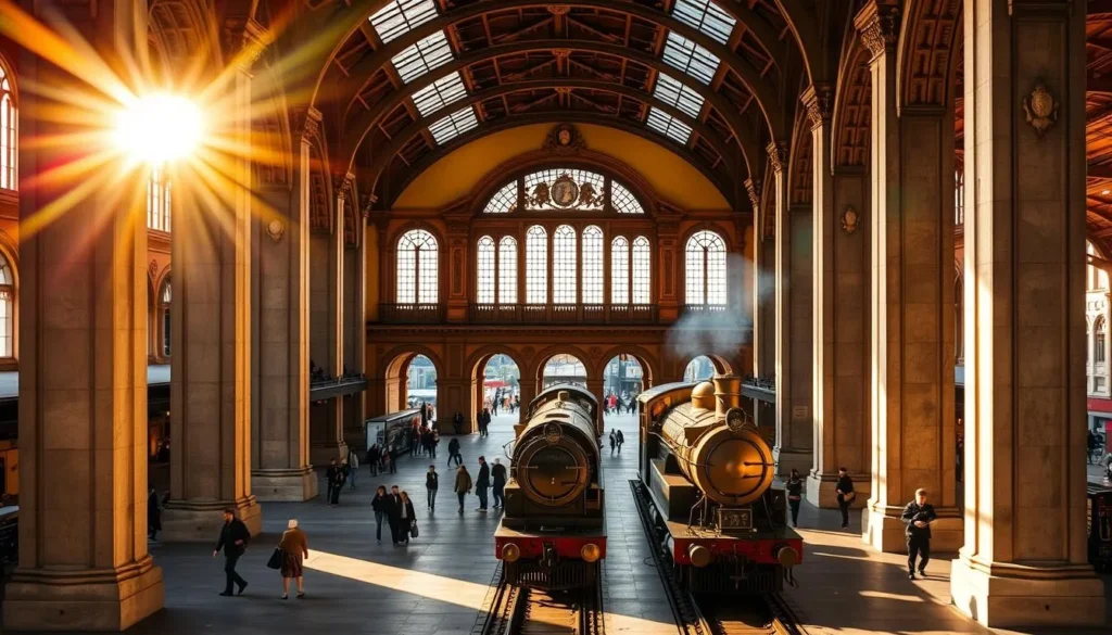 A grand and historic railway station in the picturesque Swiss city of St. Gallen, with a striking Neo-Baroque facade illuminated by warm, golden sunlight. The expansive concourse is bustling with commuters and travelers, their footsteps echoing against the vaulted ceilings and ornate architectural details. In the foreground, a vintage locomotive stands ready to depart, its polished brass fittings gleaming. Towering stone columns frame the scene, leading the eye towards the bustling city streets beyond the station's arched entryways. A serene and inviting atmosphere pervades, capturing the essence of this important transportation hub and the vibrant urban center it serves.