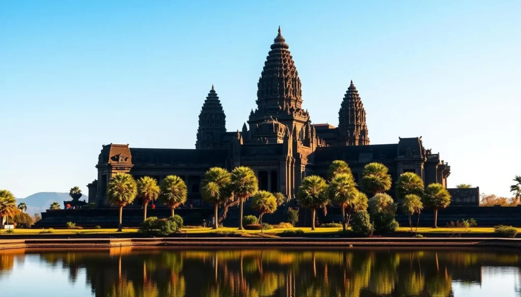 A grand and majestic Angkor Wat temple, bathed in warm sunlight, rises against a clear blue sky. Intricate carvings and towering spires create a captivating silhouette. In the foreground, a serene reflecting pool mirrors the temple's reflection, creating a mesmerizing symmetry. The middle ground is dotted with lush tropical foliage, while the background features a distant horizon of rolling hills. The scene exudes a sense of tranquility and timeless wonder, inviting the viewer to explore the rich history and cultural significance of this iconic Cambodian landmark.
