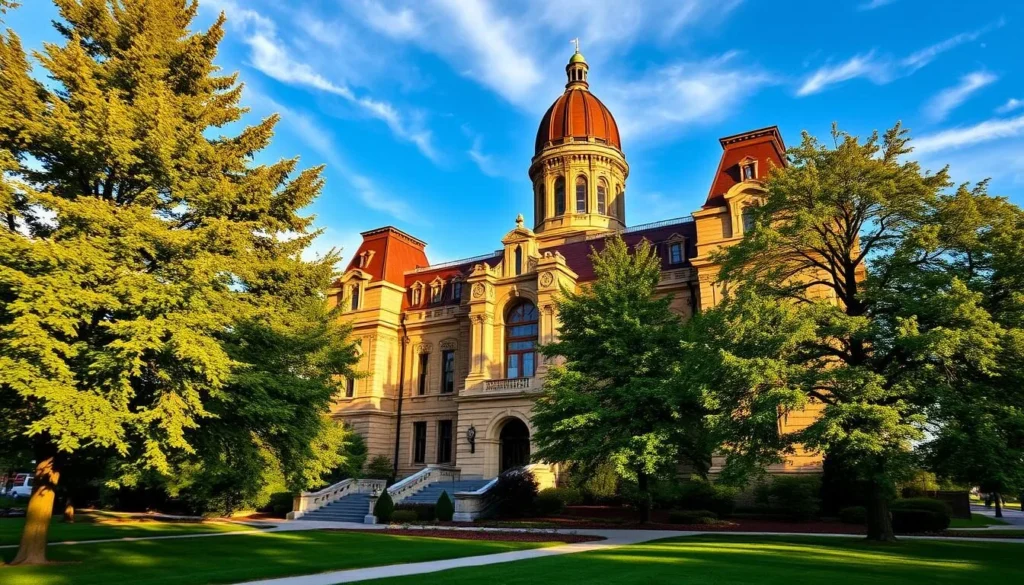 A grand and majestic historical site in Bismarck, North Dakota, set against a clear blue sky with wispy clouds. The stately, sandstone-clad building stands tall, its ornate architecture and detailed façade radiating a sense of timeless grandeur. Lush, verdant trees and well-tended gardens surround the structure, creating a picturesque and serene setting. The scene is bathed in warm, golden sunlight, casting soft shadows and highlighting the intricate details of the building. The overall atmosphere evokes a profound sense of history, cultural significance, and the enduring spirit of North Dakota's past.