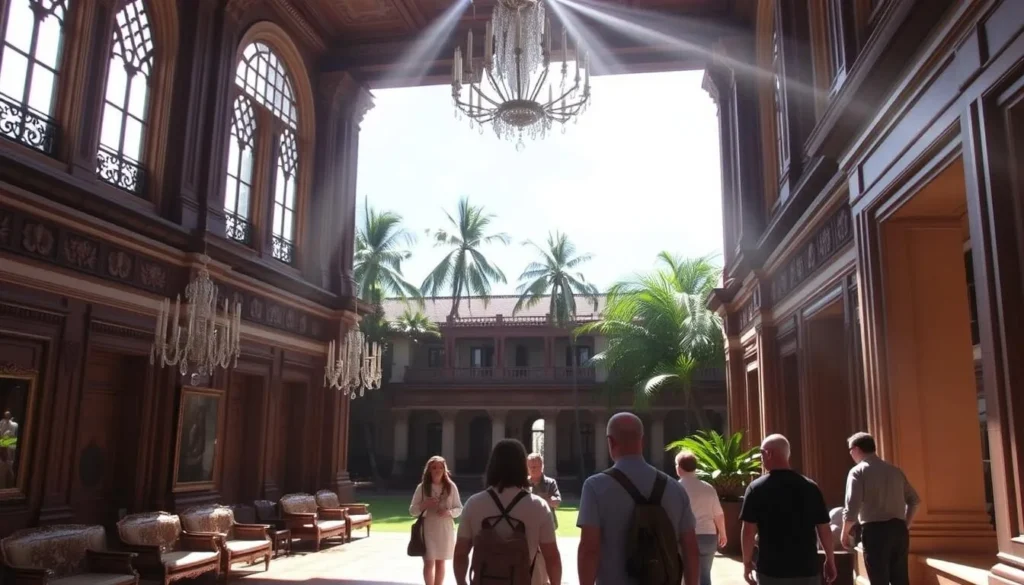 A grand and majestic tour of Iolani Palace, the historic royal residence of Hawaii's monarchs. Sunlight streams through towering windows, illuminating the ornate interiors with their rich wood paneling, crystal chandeliers, and intricate furnishings. In the foreground, a tour guide leads a small group through the stately halls, sharing stories of the palace's past. The middle ground reveals the palatial architecture, with its neoclassical columns and arched entryways. The background showcases the lush, verdant grounds surrounding the palace, with swaying palm trees and vibrant tropical foliage. An air of tranquility and grandeur pervades the scene, capturing the essence of this remarkable historic landmark.