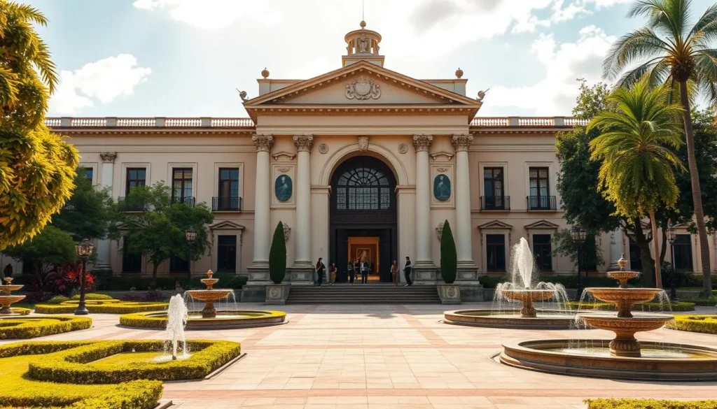 A grand and stately art museum stands proudly in the heart of Cuernavaca, its neoclassical facade bathed in warm, golden sunlight. Manicured gardens and fountains grace the museum's grounds, creating a serene and inviting atmosphere. Through the ornate entryway, visitors catch glimpses of the museum's impressive collection, showcasing the rich cultural heritage of Mexico. The museum's interior is a harmonious blend of modern and traditional elements, with high ceilings, large windows, and carefully curated displays that captivate the senses. This picturesque scene perfectly encapsulates the vibrant and diverse experiences that await visitors in Cuernavaca, beyond the bustling city center.