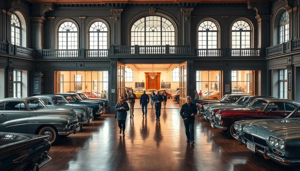 A grand and stately vintage automobile museum, its facade adorned with intricate architectural details and a striking entryway. Through the open doors, a vast showroom filled with a curated collection of gleaming classic cars, each a testament to the golden age of automotive design. Soft natural light filters in through large windows, casting a warm glow on the polished chrome and meticulously restored interiors. Visitors meander through the exhibits, their footsteps echoing on the pristine hardwood floors, admiring the museum's carefully preserved history. The atmosphere is one of reverence and appreciation for the timeless elegance of these automotive marvels.