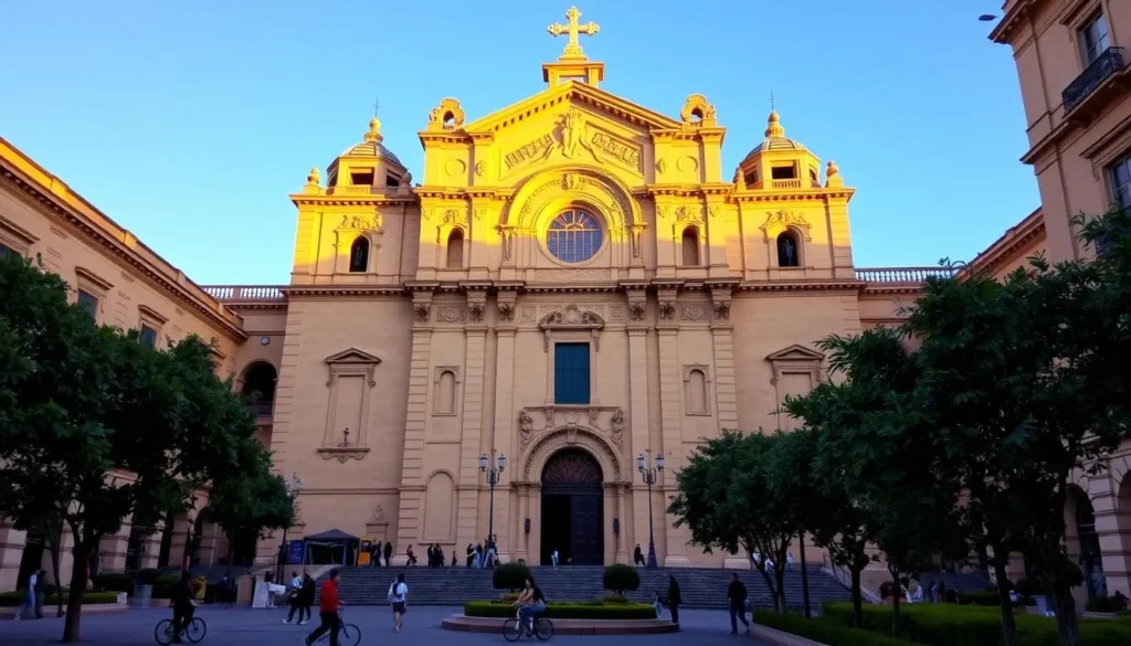 A grand cathedral rises against a clear blue sky, its ornate facade adorned with intricate arches and ornamental details. The warm hues of the sandstone walls are illuminated by the golden sunlight, casting soft shadows that accentuate the architectural features. In the foreground, a small plaza bustles with activity, with pedestrians strolling along the cobblestone paths and lush greenery lining the edges. The overall scene conveys a sense of historical significance and cultural richness, reflecting the importance of this iconic landmark within the city of Hermosillo.