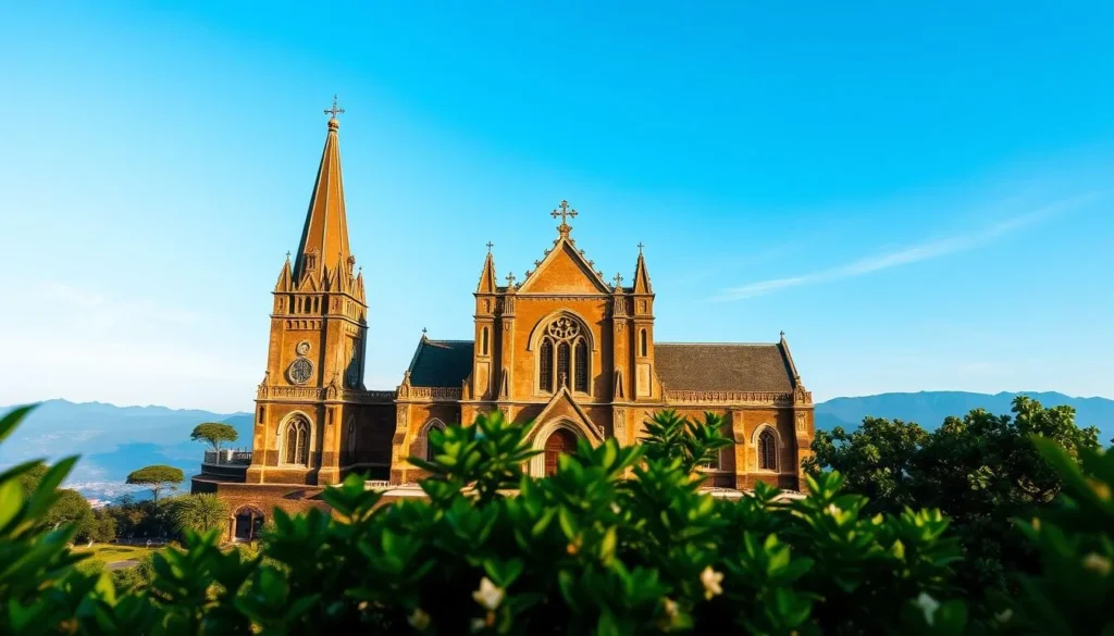 A grand cathedral standing atop Bokor Hill, its majestic spires piercing the clear, azure sky. Sunlight filters through stained glass windows, casting a warm, reverent glow upon the weathered stone walls. In the foreground, lush greenery frames the scene, while the distant mountain ranges provide a serene backdrop. The church's ornate architecture, a fusion of French colonial and Khmer influences, exudes an air of timeless elegance. Capture the tranquil beauty of this historic landmark, a testament to the rich cultural heritage of Cambodia's Bokor Hill Station.