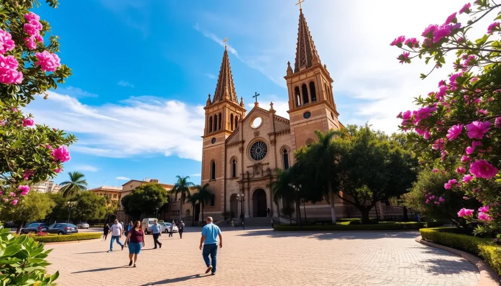 A grand cathedral standing tall, its ornate facade bathed in warm, golden light. Towering spires pierce the azure sky, their intricate stonework casting dramatic shadows across the cobblestone plaza. In the foreground, a few locals and visitors wander, admiring the architectural marvel that stands as a testament to the region's rich cultural heritage. Lush greenery and blooming flowers frame the scene, creating a serene and inviting atmosphere. The scene captures the essence of Acapulco's historic religious sites, beckoning viewers to explore its cultural treasures.