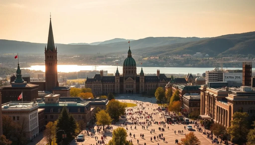 A grand cityscape of Ottawa, Canada's vibrant capital, bathed in warm sunlight. In the foreground, the iconic Peace Tower and Parliament Hill stand tall, their neo-Gothic architecture a testament to the nation's history. The middle ground is alive with bustling pedestrians and cyclists navigating the lively streets, while the background reveals the glistening waters of the Ottawa River, framed by the verdant slopes of the Gatineau Hills. The scene exudes a sense of energy, modernity, and national pride, capturing the essence of this remarkable city.