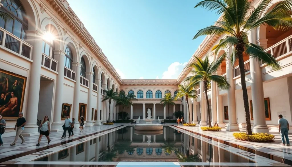 A grand, classical art museum nestled on the sandy shores of Miami Beach. Sunlight streams through towering arched windows, illuminating the grand foyer's marble floors and ornate columns. Visitors stroll past masterpieces, pausing to admire the vibrant colors and bold brushstrokes. In the courtyard, a serene reflecting pool mirrors the museum's elegant facade. Palm trees sway gently in the warm coastal breeze, creating a tranquil oasis for art enthusiasts to explore. The museum's modern wing features cutting-edge exhibitions, while the historic galleries house timeless works that transport viewers to other eras. An idyllic setting for appreciating Miami's thriving arts scene.