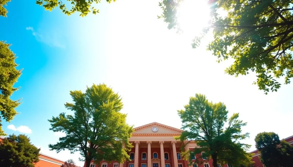 A grand, classical building set against a bright, cloudless sky. The Canton Ohio Hall of Fame, a two-story structure with intricate columns and a grand entrance, stands proudly in the foreground. Lush, verdant trees frame the scene, creating a picturesque setting. The building's warm, golden hues are accentuated by the soft, natural lighting, giving it a welcoming and inviting atmosphere. The camera angle is slightly elevated, providing a harmonious, balanced composition that captures the grandeur and significance of this iconic landmark in Canton, Ohio.